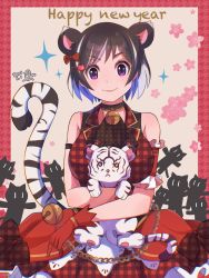 Rule 34 | 1girl, animal ears, anotherplus, armband, bell, black armband, black hair, bow, breasts, chinese zodiac, commentary request, dated, english text, hair bow, hair ornament, hairclip, hanekawa tsubasa, happy new year, highres, kako (monogatari), large breasts, looking at viewer, monogatari (series), multicolored hair, neck bell, nekomonogatari, new year, outside border, purple eyes, red armband, short hair, smile, streaked hair, tail, tiger, tiger ears, tiger girl, tiger tail, white hair, year of the tiger