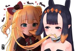 Rule 34 | 2girls, akai haato, akai haato (gothic lolita), animal ears, bare shoulders, black capelet, black hair, blonde hair, blue eyes, blush, bow, capelet, choker, drooling, eating, eating hair, empty eyes, forehead, green eyes, hair bow, hair ornament, hairclip, heart, highres, hololive, hololive english, long hair, mouth hold, multiple girls, ninomae ina&#039;nis, ninomae ina&#039;nis (1st costume), pointy ears, ribbon, saliva, simple background, tentacle hair, tentacles, two side up, upper body, virtual youtuber, voc, white background