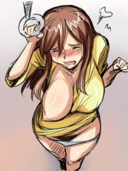 Rule 34 | 00s, 1girl, blush, breast slip, breasts, brown hair, chikan, exhibitionism, closed eyes, female pubic hair, huge breasts, interlude, invisible man, large areolae, long hair, marufuji izumi, mature female, nipples, one breast out, panties, panty pull, pubic hair, public indecency, solo, tsuda nanafushi, underwear