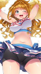 Rule 34 | 1girl, ;d, aqua eyes, armpits, arms up, bare shoulders, bike shorts, black shorts, breasts, brown hair, cheerleader, commentary request, cowboy shot, crop top, groin, highres, hino akane (idolmaster), holding, idolmaster, idolmaster cinderella girls, large breasts, long hair, looking at viewer, midriff, miniskirt, navel, one eye closed, open mouth, pom pom (cheerleading), ponytail, shirt, short shorts, shorts, shorts under skirt, skirt, sleeveless, sleeveless shirt, smile, solo, stomach, sweat, trente, v-shaped eyebrows, wavy hair, white shirt, white skirt