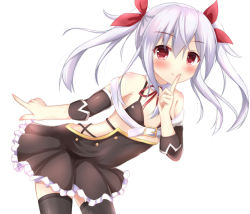 Rule 34 | 1girl, azur lane, bad id, bad pixiv id, bent over, black bra, black thighhighs, blush, bra, commentary request, detached collar, detached sleeves, fang, finger to mouth, hair ribbon, index finger raised, kedama (kedama akaza), long hair, looking at viewer, red eyes, ribbon, side-tie bra, simple background, smile, solo, thighhighs, twintails, underwear, vampire (azur lane), white background, white hair, zettai ryouiki