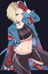 Rule 34 | 1girl, blonde hair, blue eyes, breasts, cammy white, crop top, cropped jacket, fingerless gloves, gloves, guitarist yui, hand on own face, jacket, medium breasts, pants, short hair, street fighter, street fighter 6