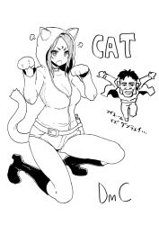 Rule 34 | 1boy, 1girl, animal ears, bad id, bad pixiv id, breasts, cat ears, cat girl, cat tail, choker, cleavage, commentary request, dante (dmc: devil may cry), devil may cry (series), dmc: devil may cry, facial mark, forehead mark, greyscale, highres, hood, hoodie, jacket, kat (dmc: devil may cry), large breasts, medium hair, meme50, monochrome, open mouth, spray can, tail