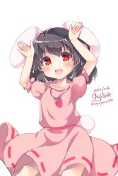 Rule 34 | 1girl, :d, animal ears, arms up, black hair, blush, breasts, carrot necklace, contrapposto, cowboy shot, dated, dress, enjoymixxx000, frills, inaba tewi, jewelry, medium hair, necklace, open mouth, pink dress, puffy short sleeves, puffy sleeves, rabbit ears, rabbit pose, rabbit tail, red eyes, short hair, short sleeves, signature, simple background, small breasts, smile, solo, tail, touhou, twitter username, v-shaped eyebrows, white background