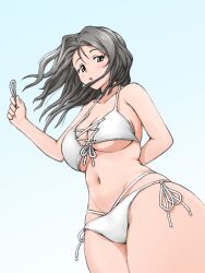 Rule 34 | 1girl, bikini, blue background, blush, breasts, cleavage, freckles, girls und panzer, grey eyes, grey hair, large breasts, long hair, looking at viewer, navel, open mouth, piyotan (girls und panzer), simple background, solo, swimsuit, white bikini, yass hero