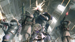 Rule 34 | 1girl, advarcher, amanogawa shiina, armor, belt, black panties, blonde hair, bolter, bow, bowtie, cathedral, chibi, commentary, copyright request, crossover, energy gun, feet out of frame, firing, from below, gas mask, gun, hair bow, harness, highres, holding, holding gun, holding weapon, imperium of man, indoors, laser rifle, long hair, mask, multiple others, open mouth, panties, phase connect, pouch, power armor, purple bow, purple bowtie, smile, tactical clothes, ultramarines, underwear, very long hair, virtual youtuber, warhammer 40k, weapon, weapon request