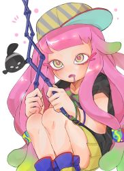 Rule 34 | 1girl, baseball cap, black shirt, blonde hair, bracelet, clownfish, collarbone, colored eyelashes, d:, drooling, fish, frown, gradient hair, green eyes, green hair, harmony&#039;s clownfish (splatoon), harmony (splatoon), hat, highres, holding, holding toy, jewelry, long hair, low twintails, mika (splatoonmika), miniskirt, multicolored clothes, multicolored eyes, multicolored hair, multicolored headwear, nintendo, nintendo ultra hand, no eyebrows, no nose, open mouth, pink eyes, pink hair, pink pupils, pleated skirt, purple eyes, shirt, short sleeves, sideways hat, simple background, skirt, splatoon (series), splatoon 3, squatting, striped clothes, striped headwear, tentacle hair, toy, tropical fish, twintails, white background, yellow skirt