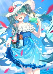 Rule 34 | 1girl, absurdres, aqua eyes, aqua hair, bag, bare shoulders, blue dress, blue sky, blurry, blurry foreground, cloud, cloudy sky, collarbone, commentary, cowboy shot, day, dress, english commentary, falling petals, floating hair, flower, hair between eyes, hat, hatsune miku, highres, holding, holding phone, hya ro, light blush, long hair, looking at viewer, one eye closed, open mouth, outdoors, petals, phone, red flower, shoulder bag, skirt hold, sky, sleeveless, sleeveless dress, smile, solo, standing, sun hat, teeth, twintails, upper teeth only, very long hair, vocaloid, white hat