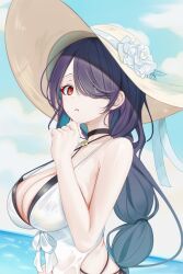 Rule 34 | 1girl, arm up, black hair, blue archive, braid, breasts, flower, from side, hair over one eye, halterneck, hand on own chin, hat, hat flower, hat ribbon, highres, hinata (blue archive), hinata (swimsuit) (blue archive), large breasts, looking to the side, no halo, official alternate costume, one-piece swimsuit, oneline, red eyes, ribbon, single braid, solo, sun hat, swimsuit, wet, wet clothes, wet swimsuit