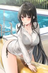 Rule 34 | 1girl, absurdres, arm support, bikini, bikini under clothes, black hair, blush, breasts, cleavage, closed mouth, commission, halterneck, highres, korean commentary, lane line, large breasts, lillly, long hair, looking at viewer, original, pool, pool ladder, red eyes, see-through, shirt, solo, swimsuit, thighs, very long hair, wet, wet clothes, wet shirt