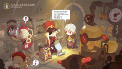 Rule 34 | !, 1boy, 1girl, blonde hair, blue eyes, book, chibi, cloak, english text, exit sign, eyepatch, fingerless gloves, gloves, hair between eyes, hat, highres, indoors, jewelry, laboratory, looking at another, lost elle, military, military vehicle, motor vehicle, musical note, ourn the inventor, pendant, pixiv fantasia, pixiv fantasia last saga, quill, red eyes, robot, short hair, speech bubble, spoken exclamation mark, spoken musical note, standing, tank, test tube, winding key, yellow eyes