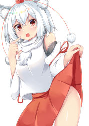 Rule 34 | 1girl, :d, animal ears, bare shoulders, blush, breasts, clothes lift, cowboy shot, detached sleeves, fang, hat, inubashiri momiji, lifting own clothes, medium breasts, medium hair, no panties, one eye closed, open mouth, pointing, pointing at self, pom pom (clothes), red eyes, red hat, red skirt, rururiaru, shirt, simple background, skin fang, skirt, skirt lift, smile, solo, standing, thighs, tokin hat, touhou, turtleneck, white background, white hair, white shirt, white sleeves, wolf ears