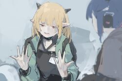 Rule 34 | 2girls, animal ears, arknights, blacksteel worldwide (arknights), blonde hair, commentary, depressed, dragon horns, empty eyes, english commentary, from side, green jacket, grey background, half-closed eyes, hands up, headphones, highres, horns, infection monitor (arknights), jacket, jessica (arknights), long hair, looking at another, multiple girls, open clothes, open jacket, pointy ears, red eyes, sad, shinnasuka025, sitting, upper body, vanilla (arknights)