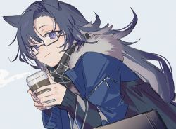 Rule 34 | 1girl, animal ears, arknights, asymmetrical bangs, awa iro, black-framed eyewear, black hair, black scarf, blue coat, blue eyes, closed mouth, coat, coffee cup, cup, disposable cup, fang (arknights), fang (cruciata) (arknights), fingernails, fur-trimmed coat, fur trim, glasses, holding, holding cup, horse ears, long hair, long sleeves, looking at viewer, nail polish, official alternate costume, purple nails, scarf, semi-rimless eyewear, simple background, smile, solo, under-rim eyewear, upper body, white background