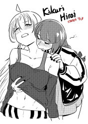 Rule 34 | 2girls, ahoge, blush, bocchi the rock!, clenched teeth, closed eyes, clothes lift, collarbone, grabbing, grabbing another&#039;s breast, hand on another&#039;s shoulder, hand tattoo, highres, hiroi kikuri, ijichi seika, jacket, kiss, kissing neck, lifting another&#039;s clothes, long sleeves, multicolored clothes, multicolored jacket, multiple girls, nail polish, navel, one eye closed, open clothes, open jacket, radish p, shirt lift, tattoo, teeth, two-tone jacket, yuri