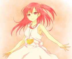Rule 34 | 1girl, dress, jewelry, kingyo (984), long hair, looking at viewer, magi the labyrinth of magic, morgiana, necklace, ponytail, red eyes, red hair, side ponytail, sleeveless, sleeveless dress, smile, solo