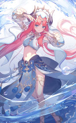 Rule 34 | 1girl, aqua eyes, arms up, asicah, blush, breasts, circlet, crop top, detached sleeves, foot out of frame, genshin impact, gladiator sandals, gold trim, harem outfit, highres, jewelry, long hair, long sleeves, looking at viewer, medium breasts, navel, neck ring, nilou (genshin impact), parted bangs, pelvic curtain, puffy long sleeves, puffy sleeves, red hair, sandals, simple background, skirt, smile, solo, stomach, thighs, vambraces, veil, vision (genshin impact), water, white background, white headwear