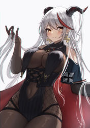 Rule 34 | 1girl, aegir (azur lane), azur lane, bare shoulders, black gloves, blush, bodystocking, breast curtains, breasts, cape, corset, covered navel, cross, elbow gloves, gloves, highres, horns, iron cross, jori, large breasts, multicolored hair, parted lips, red cape, red hair, silver hair, simple background, smile, solo, streaked hair, two-tone hair, underbust, white background
