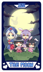 Rule 34 | 4girls, ^ ^, animal ears, asymmetrical clothes, black hair, blazer, blush, closed eyes, closed mouth, colonel aki, commentary request, crossed arms, english text, full body, full moon, grin, hat, houraisan kaguya, inaba tewi, jacket, japanese clothes, long hair, looking at viewer, moon, multiple girls, night, nurse cap, open mouth, outdoors, parted bangs, rabbit ears, red eyes, reisen udongein inaba, smile, standing, suit jacket, tarot, tarot (medium), the moon (tarot), touhou, two-tone dress, yagokoro eirin