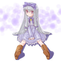 Rule 34 | 1girl, 3.1-tan, blush, boots, bow, bowtie, child, cross-laced footwear, dd (ijigendd), dress, full body, hair bow, hair ribbon, long hair, long sleeves, looking at viewer, multiple hair bows, os-tan, pink eyes, purple bow, purple bowtie, purple dress, purple hair, red eyes, ribbon, silver hair, smile, solo, very long hair