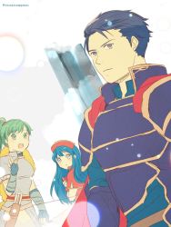 Rule 34 | 1boy, 2girls, absurdres, armor, blue eyes, blue hair, cape, dress, father and daughter, fire emblem, fire emblem: the binding blade, fire emblem: the blazing blade, fire emblem heroes, fur trim, green eyes, green hair, hector (fire emblem), highres, lilina (fire emblem), long hair, looking at viewer, lyn (fire emblem), mother and daughter, multiple girls, nintendo, nishimura (nianiamu), open mouth, ponytail, short hair, smile