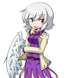 Rule 34 | 1girl, bad id, bad pixiv id, belt, bow, bowtie, collared shirt, dress, feathered wings, hand on own chin, jacket, kishin sagume, red eyes, shirt, short hair, silver hair, simple background, single wing, smug, solo, sumiya nadateru, thinking, touhou, wings