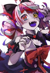 Rule 34 | 1girl, black nails, bow, claw pose, colored tongue, dress, grey hair, heterochromia, highres, hololive, hololive indonesia, huge bow, kureiji ollie, looking at viewer, mamiya miya, multicolored hair, nail polish, open mouth, pink hair, purple tongue, red bow, red eyes, red hair, solo, stitched arm, stitched face, stitched torso, stitches, symbol-shaped pupils, torn clothes, torn dress, virtual youtuber, white background, wrist bow, yellow eyes