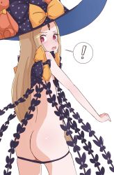 Rule 34 | !, 1girl, abigail williams (fate), abigail williams (second ascension) (fate), ass, back, blonde hair, blush, fate/grand order, fate (series), forehead, hat, highres, keyhole, kopaka (karda nui), long hair, looking at viewer, open mouth, panties, panty pull, purple eyes, revealing clothes, simple background, solo, spoken exclamation mark, underwear, white background, witch hat