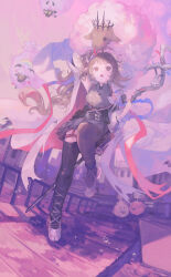 Rule 34 | 1girl, :o, absurdres, animal ears, arknights, black thighhighs, brown hair, commentary request, dress, dutch angle, eyjafjalla (arknights), eyjafjalla the hvit aska (arknights), grey dress, highres, holding, holding staff, horns, long hair, looking at viewer, miike (992058), open mouth, pink eyes, railing, sheep, shoes, short dress, solo, staff, standing, standing on one leg, thighhighs, very long hair