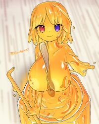 Rule 34 | 1girl, akira (meltyhip), breasts, closed mouth, colored sclera, colored skin, commission, heterochromia, highres, large breasts, looking at viewer, mini person, minigirl, monster girl, navel, orange hair, orange sclera, orange skin, original, purple eyes, red eyes, signature, skeb commission, slime girl, smile, solo, spoon