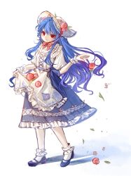 Rule 34 | 1girl, 80isiiii, absurdres, apron, blue footwear, blue hair, blue skirt, closed mouth, full body, hat, highres, hinanawi tenshi, long hair, puffy short sleeves, puffy sleeves, red eyes, shirt, shoes, short sleeves, simple background, skirt, smile, socks, solo, touhou, waist apron, white apron, white background, white hat, white shirt, white socks