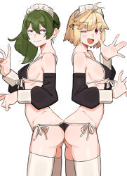 2girls ;d ahoge arcueid_brunestud ass ass-to-ass back-to-back bare_shoulders bikini black_bikini black_sleeves blonde_hair blush breasts facing_to_the_side fang frilled_hairband frills front-tie_bikini_top front-tie_top green_hair grin hair_ornament hair_ribbon hairband highres looking_at_viewer maid maid_bikini maid_headdress medium_breasts multiple_girls one_eye_closed open_mouth peace_symbol ponytail purple_eyes red_eyes ribbon sattinittas short_hair side-tie_bikini_bottom sideboob simple_background smile sousou_no_frieren swimsuit thighhighs tsukihime tsukihime_(remake) ubel_(sousou_no_frieren) unconventional_maid underboob v voice_actor_connection white_background white_thighhighs white_wrist_cuffs wink wrist_cuffs