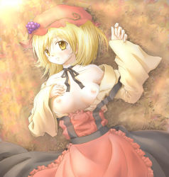 Rule 34 | 1girl, aki minoriko, arinu, bare shoulders, blonde hair, breasts, female focus, food, fruit, grapes, hat, highres, lying, nipples, on back, open clothes, open shirt, ribbon, shirt, short hair, solo, tears, touhou, yellow eyes