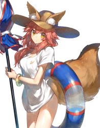 Rule 34 | 10s, 1girl, :/, animal ears, bad id, bad pixiv id, blush, breasts, chocoan, closed umbrella, cloud, day, ears through headwear, fang, fate/extra, fate/grand order, fate (series), fox ears, fox tail, innertube, long hair, looking at viewer, pink hair, shirt, simple background, sky, smile, solo, standing, swim ring, swimsuit, tail, tamamo (fate), tamamo no mae (fate/extra), tamamo no mae (swimsuit lancer) (fate), tamamo no mae (swimsuit lancer) (first ascension) (fate), umbrella, white background, yellow eyes