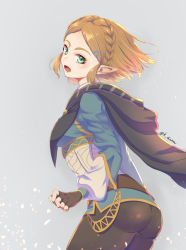 Rule 34 | 1girl, absurdres, artist request, ass, blonde hair, blush, braid, breasts, cape, fingerless gloves, gloves, green eyes, highres, looking at viewer, nintendo, open mouth, pants, pointy ears, princess zelda, shiny clothes, short hair, sideboob, smile, solo, the legend of zelda, the legend of zelda: breath of the wild, the legend of zelda: tears of the kingdom