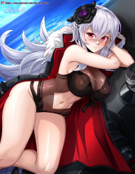 Rule 34 | 1girl, absurdres, azur lane, black one-piece swimsuit, blush, breasts, cleavage, clothing cutout, crossed bangs, flower, fur trim, graf zeppelin (azur lane), graf zeppelin (beachside urd) (azur lane), hair between eyes, hair flower, hair ornament, hat, unworn headwear, highres, large breasts, long hair, looking at viewer, lying, navel, navel cutout, on side, one-piece swimsuit, outdoors, parted lips, patreon logo, patreon username, peaked cap, red eyes, see-through, signature, silver hair, solo, stomach, swimsuit, very long hair, vilde loh hocen