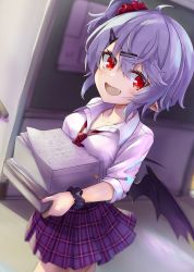 Rule 34 | 1girl, akisome hatsuka, alternate hairstyle, bat wings, black scrunchie, blush, book, collarbone, collared shirt, hair between eyes, hair ornament, hairclip, holding, holding book, necktie, open mouth, paper, plaid, plaid skirt, pleated skirt, pointy ears, purple hair, purple skirt, red eyes, red necktie, red scrunchie, remilia scarlet, scrunchie, shirt, short hair, skirt, smile, solo, touhou, white shirt, wings, wrist scrunchie