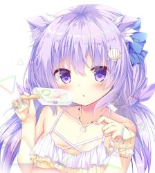 Rule 34 | 1girl, animal ear fluff, animal ears, bikini, bikini top only, blue bow, bow, breasts, cleavage, food, frills, hair bow, hair ornament, holding, holding food, kinokomushi, long hair, looking at viewer, original, popsicle, purple eyes, purple hair, raised eyebrows, simple background, small breasts, solo, swimsuit, twintails, upper body, white background, white bikini, wrist cuffs