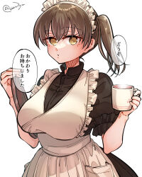 Rule 34 | 1girl, alternate costume, apron, black dress, breasts, brown eyes, brown hair, commentary request, cup, dress, enmaided, highres, kaga (kancolle), kantai collection, large breasts, long hair, looking at viewer, maid, maid headdress, matsunaga (haku), mug, side ponytail, simple background, solo, translation request, tray, twitter username, waitress, white apron, white background