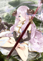 Rule 34 | 10s, 1girl, 218, asymmetrical gloves, bare shoulders, barefoot, black gloves, blue eyes, braid, breasts, bug, butterfly, commentary request, detached sleeves, draph, elbow gloves, feet, from above, full body, gloves, granblue fantasy, grass, hair ornament, hair over one eye, horns, indian style, insect, katana, large breasts, light purple hair, lips, long hair, looking at viewer, meditation, narmaya (granblue fantasy), outdoors, over shoulder, pointy ears, rock, sheath, sheathed, single braid, single elbow glove, sitting, sitting on rock, smile, solo, sword, thigh strap, thighs, uneven gloves, weapon, weapon over shoulder