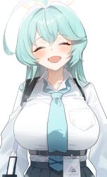 Rule 34 | 1girl, absurdres, ahoge, aqua hair, aqua necktie, blue archive, blush, breast pocket, breasts, chest harness, closed eyes, collared shirt, commentary request, facing viewer, hair intakes, halo, harness, highres, huge ahoge, huge breasts, id card, long hair, necktie, nonoa, open mouth, pocket, school uniform, shirt, simple background, smile, solo, upper body, white background, white shirt, yellow halo, yume (blue archive)