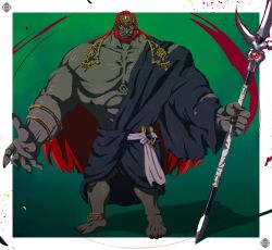 Rule 34 | abs, absurdres, anklet, armlet, bara, barefoot, beard, black nails, border, colored sclera, facial hair, fingernails, frown, full body, ganondorf, green background, highres, holding, holding polearm, holding weapon, honjojnoh, jewelry, long hair, muscular, muscular male, nintendo, orange sclera, pectorals, polearm, red eyes, red hair, sharp fingernails, splatter, standing, the legend of zelda, torn clothes, very long hair, weapon, white border