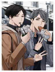 Rule 34 | 2boys, black eyes, black hair, blurry, border, cup, drinking straw, eating, food, green hair, haikyuu!!, highres, holding, holding cup, holding food, jacket, long sleeves, looking at viewer, male focus, miya osamu, multiple boys, open clothes, open jacket, open mouth, standing, suna rintarou, upper body, v, zvcrq2rcj11ilu2
