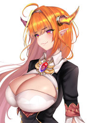 Rule 34 | 1girl, ahoge, blonde hair, blouse, blush, bow, breasts, chain, chain necklace, cleavage, cleavage cutout, clothing cutout, collared shirt, dragon girl, dragon horns, hairband, highres, hololive, horn bow, horn ornament, horns, jewelry, kiryu coco, kiryu coco (1st costume), large breasts, long hair, looking at viewer, multicolored hair, necklace, nyctea snow, open mouth, orange hair, pointy ears, red eyes, shirt, simple background, smile, solo, streaked hair, virtual youtuber, white background, white shirt