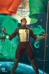 Rule 34 | 1boy, bird, black bodysuit, black hair, bodysuit, dc comics, domino mask, eagle, earth (planet), green bodysuit, green lantern, green lantern (series), highres, jewelry, jorge molina, kyle rayner, male focus, mask, mexican flag, mexico, multicolored bodysuit, multicolored clothes, muscular, muscular male, planet, ring, snake, solo, space, two-tone bodysuit