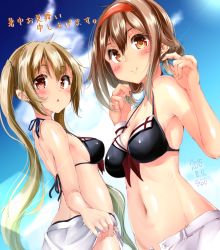 Rule 34 | 10s, 2girls, adapted costume, bikini, blush, breasts, brown hair, cleavage, hairband, kantai collection, long hair, looking at viewer, mokufuu, multiple girls, murasame (kancolle), red hairband, shiratsuyu (kancolle), short hair, sideboob, smile, swimsuit, twintails