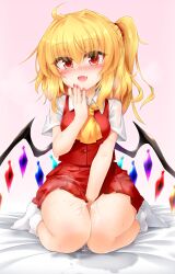 Rule 34 | aftersex, ascot, bed, blonde hair, blush, breasts, buttons, collared shirt, covering privates, covering crotch, crystal, cum, cum in pussy, cum on legs, fang, fingernails, flandre scarlet, hair between eyes, hair ornament, hand up, highres, large breasts, long fingernails, looking at viewer, marukyuu ameya, medium breasts, multicolored wings, nail polish, no headwear, no shoes, on bed, one side up, open mouth, pink background, puffy short sleeves, puffy sleeves, red eyes, red nails, red skirt, red vest, shirt, short hair, short sleeves, simple background, sitting, skirt, skirt set, smile, socks, sweat, sweatdrop, tongue, touhou, vest, white shirt, white socks, wings, yellow ascot