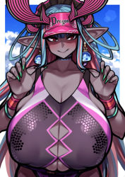Rule 34 | 1girl, absurdres, black one-piece swimsuit, blue hair, blush, breasts, colored skin, dark-skinned female, dark skin, fate/grand order, fate (series), grey skin, hair between eyes, hat, highres, horns, huge breasts, ibuki douji (fate), ibuki douji (swimsuit berserker) (fate), ibuki douji (swimsuit berserker) (first ascension) (fate), long hair, looking at viewer, multicolored hair, nikuatsu magician shinbo, one-piece swimsuit, oni, oni horns, pink hair, pink hat, pink one-piece swimsuit, pointy ears, red eyes, sidelocks, swimsuit, tail