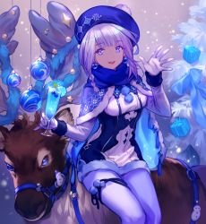 Rule 34 | 1girl, :d, animal, bauble, blue cape, blue eyes, blue hat, blue ribbon, blue scarf, blue theme, braid, breasts, cape, christmas, christmas ornaments, commentary request, cup, dress, drinking glass, earrings, feet out of frame, fur-trimmed cape, fur trim, gift, hat, highres, holding, holding cup, jewelry, lee hyeseung, long hair, medium breasts, open mouth, original, pantyhose, reindeer, ribbon, scarf, silver hair, sitting, smile, solo, tareme, taut clothes, tropical drink, white dress, white pantyhose, wine glass