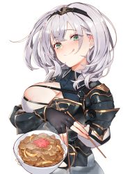 Rule 34 | 1girl, armor, black armor, blue collar, bowl, breasts, chopsticks, circlet, cleavage, cleavage cutout, clothing cutout, collar, commentary request, donburi, eating, fingerless gloves, food, gloves, gold trim, green eyes, gyuudon, holding, holding bowl, hololive, izumi sai, large breasts, medium hair, mole, mole on breast, puffy sleeves, shirogane noel, shirogane noel (1st costume), silver hair, skindentation, solo, tongue, tongue out, virtual youtuber, white background